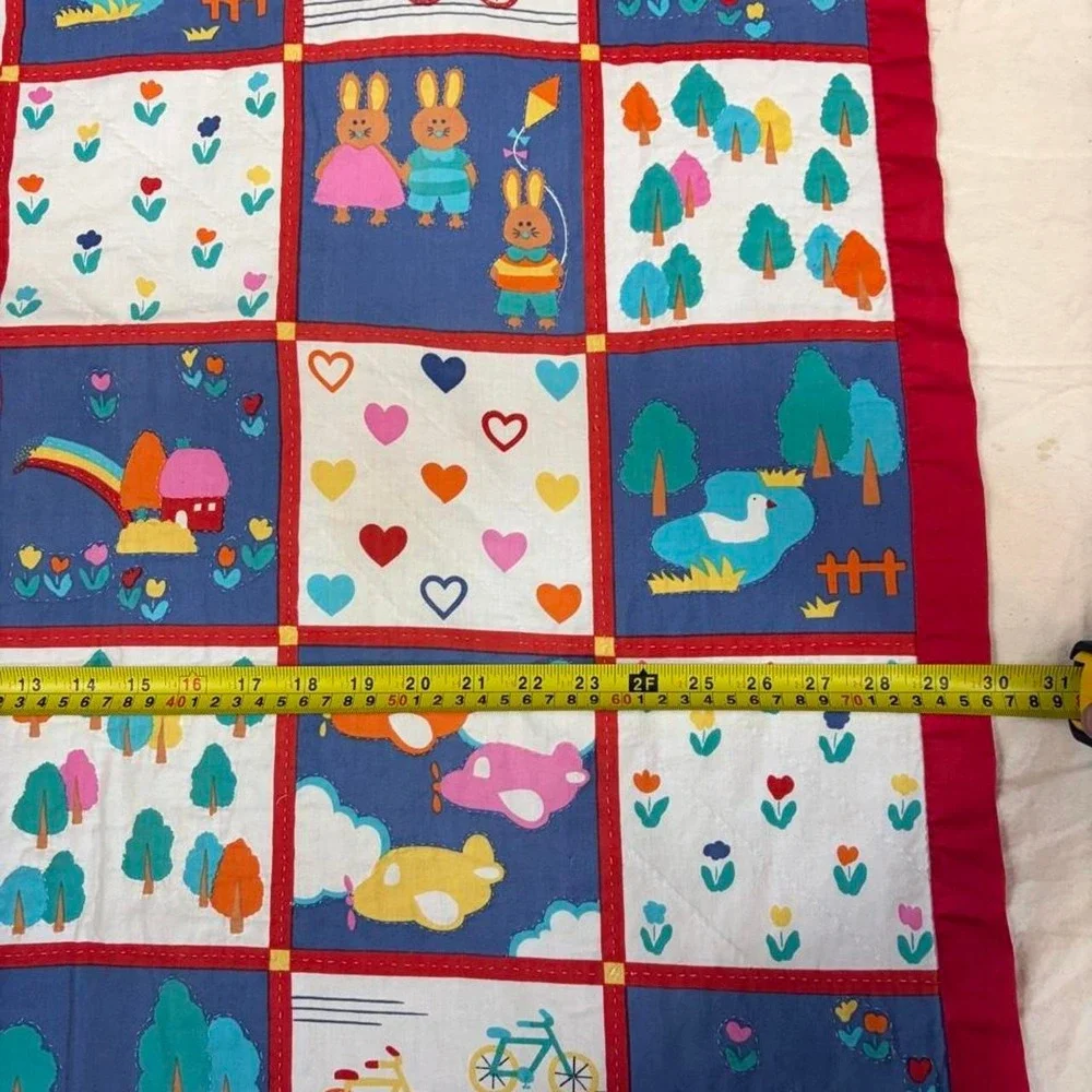 Handmade Vintage Style Patchwork Baby Quilt Red Multi Animal Rainbow 33x30
